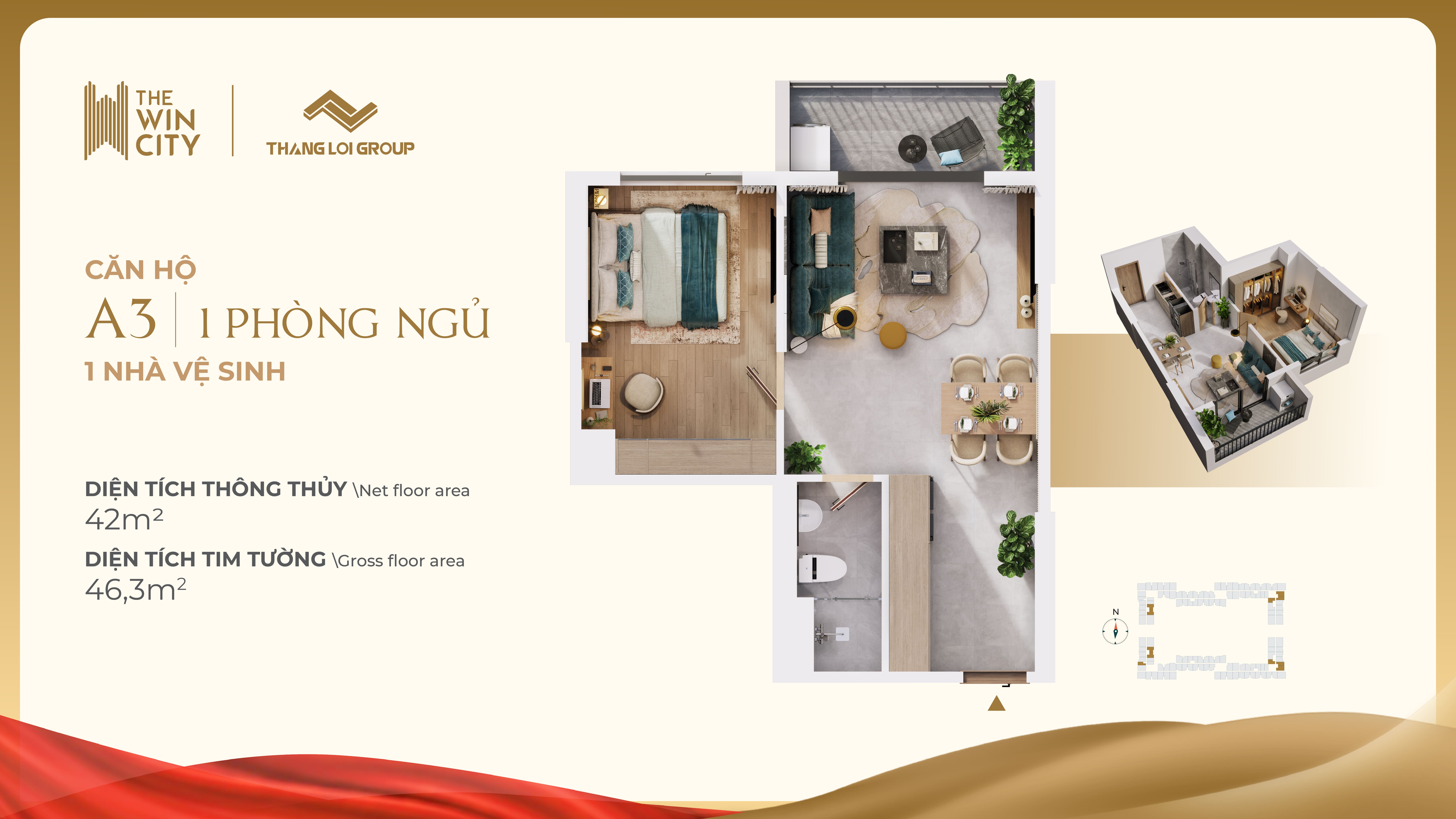 Mặt bằng căn 1PN 1WC The Win City