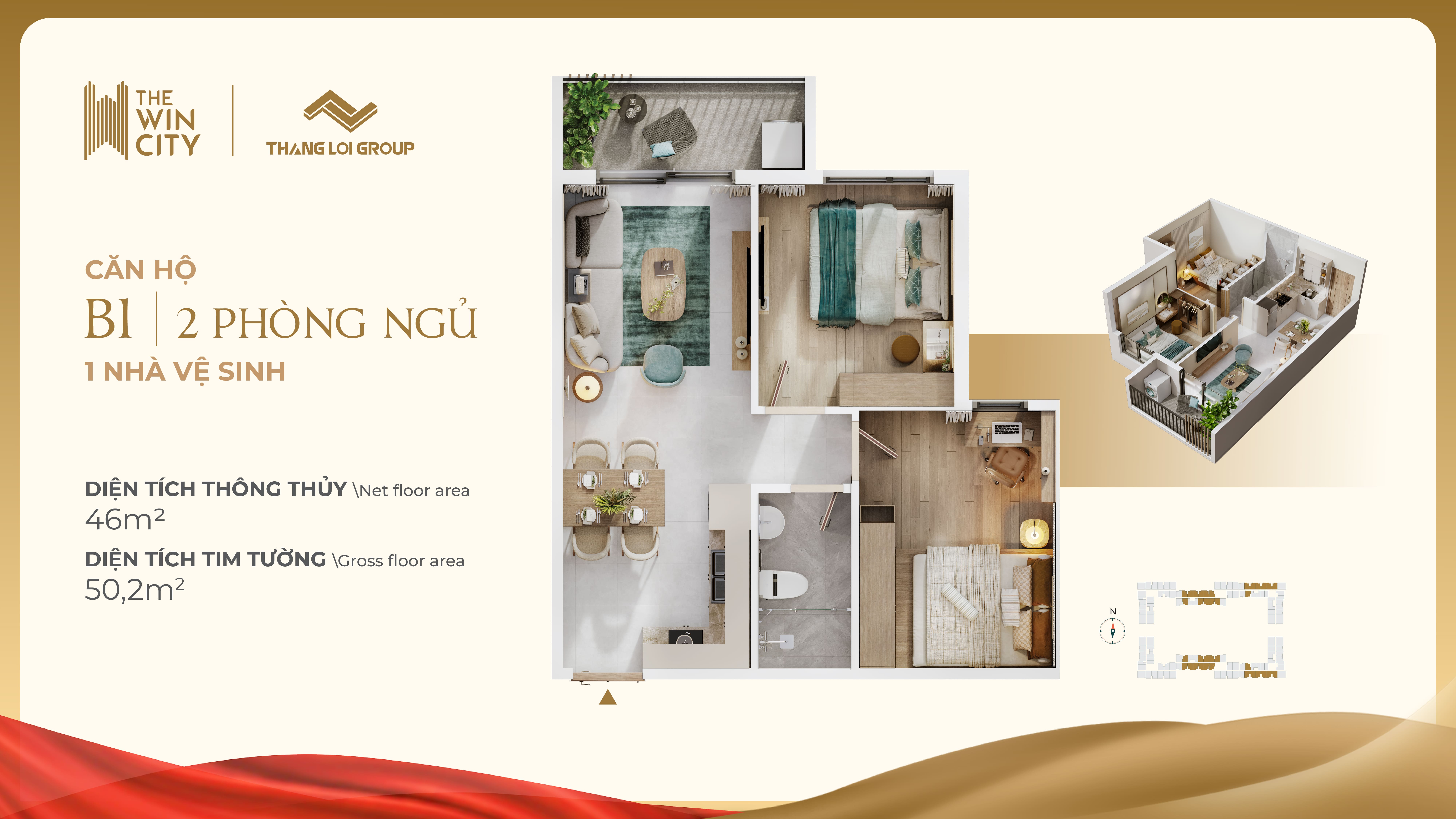 Mặt bằng căn 2PN 1WC The Win City